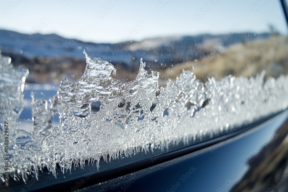 Poster a close-up of a frosted car window showcasing intricate ice patterns, beautifully reflecting the win