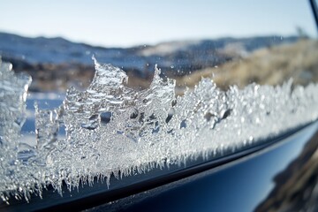 A close-up of a frosted car window showcasing intricate ice patterns, beautifully reflecting the...