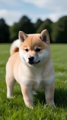 Cute light brown and white shiba inu dog in a green grassland