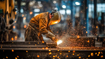 Welder welding metal, lots of sparks, wearing protective welding gear. Generative AI