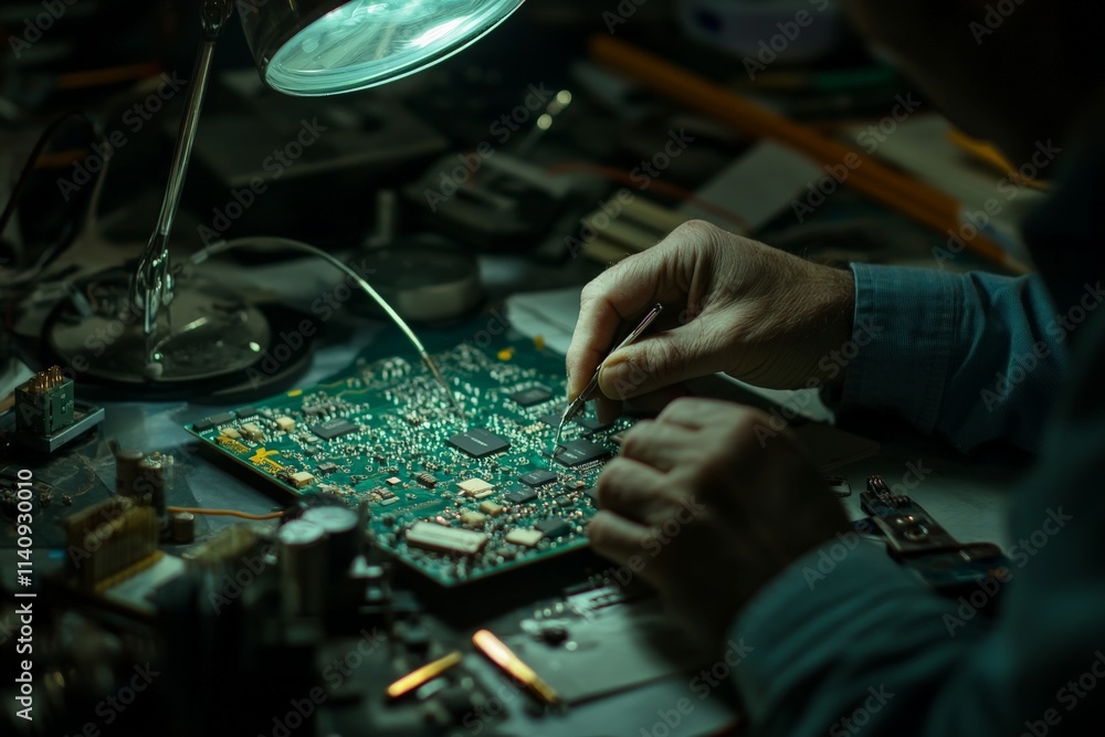 Poster An intimate depiction of hands meticulously working on a circuit board, showcasing technical skill and the intricacies of electronic repair in a focused environment.