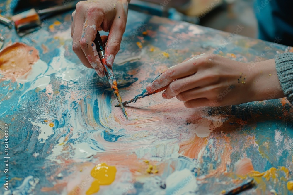 Leinwandbilder A close-up view of hands creating an artwork on a vibrant painted canvas, illustrating the creative process and the beauty of artistic expression through mixing colors.