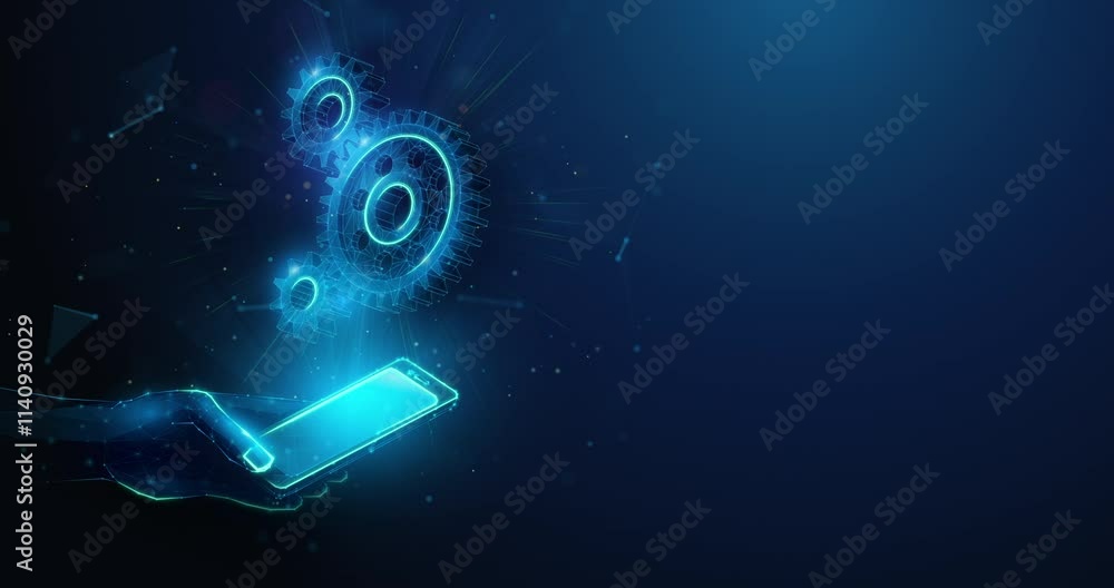 Poster abstract animation of three low poly gears spinning together over smartphone in hand. business devel