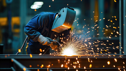 Welder welding metal, lots of sparks, wearing protective welding gear. Generative AI