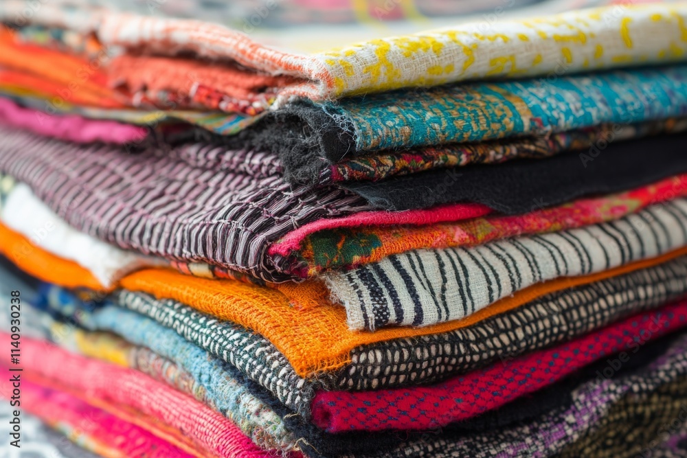 Poster a vibrant collection of various fabrics stacked neatly, showcasing bright colors and intricate patte