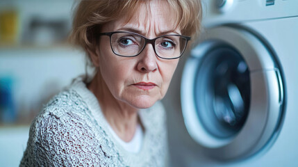 Thoughtful Woman with Glasses Beside a Washing Machine at Home