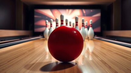 A red bowling ball elegantly strikes white pins on a polished wooden lane. Volumetric lighting with visible light beams through dust or fog