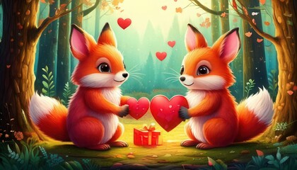 Fototapeta premium two foxes in the forest sharing hearts