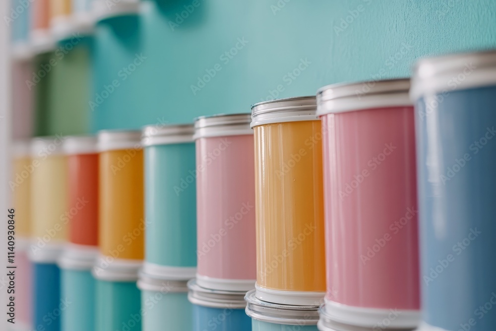 Poster an array of neatly organized paint cans in various vibrant colors against a textured wall, showcasin