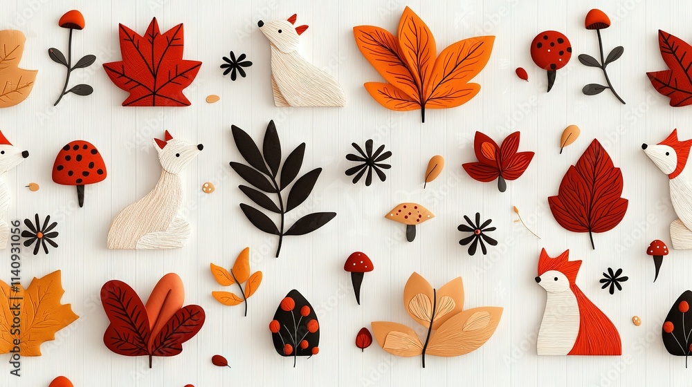 Poster   A photo of multiple objects on a table with leaf and flower shapes resembling animals