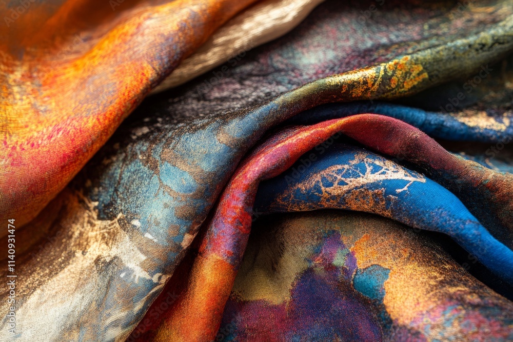 Poster a close-up view of intricately patterned fabric featuring vivid and diverse colors, highlighting the