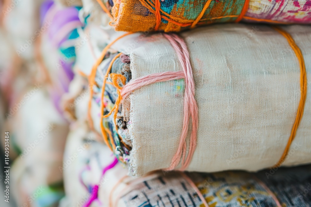 Poster colorful fabric rolls are artistically stacked and tied, showcasing a variety of textures and patter
