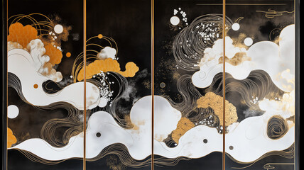 White, black and gold contemporary artistic Japanese ukiyo-e, folding screen ambience, abstract, elegant, delicate and luxurious retro dramatic graphic design elements