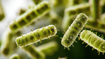 Fototapeta premium Photograph of an abstract background with a macro shot of various microbes including virus cells and bacteria, captured in a photorealistic style with intricate details