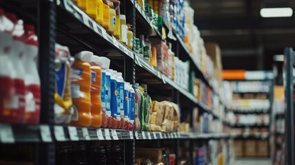 Wide Angle View of Supermarket Aisle with Household Cleaning Products on Shelves