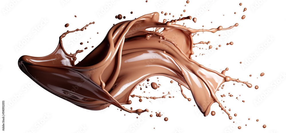 Poster creamy chocolate splashing in a smooth crown shape with droplets, isolated on transparent background