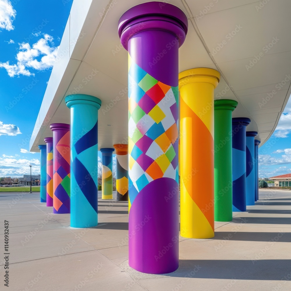 Aufkleber vibrant colorful columns painted in abstract patterns, part of an artistic installation in an urban 