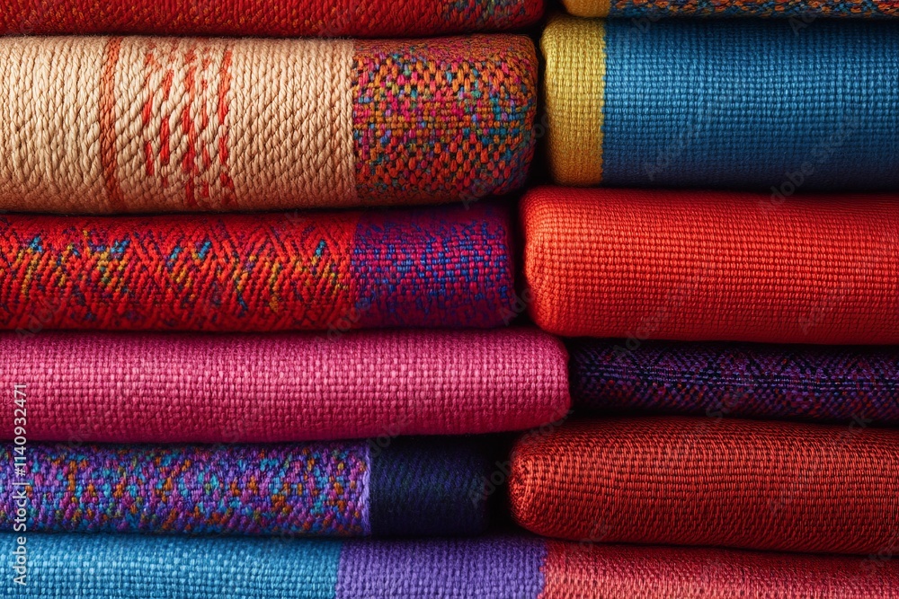 Poster This image features a vibrant array of textiles in rich colors and textured designs, highlighting the beauty of fabric art and its cultural significance.
