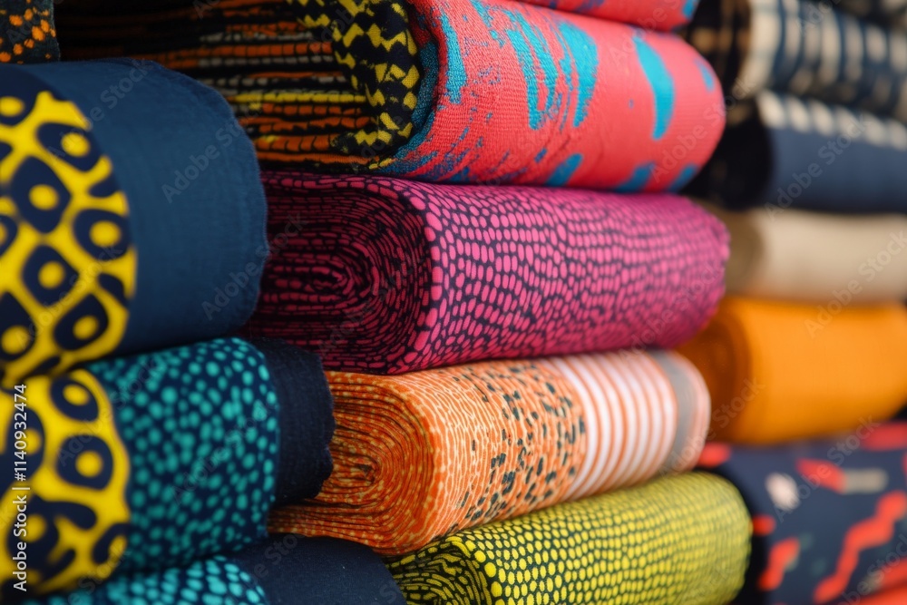 Poster A vibrant collection of colorful fabrics stacked neatly, showcasing intricate patterns and textures, perfect for fashion or textile design inspiration.