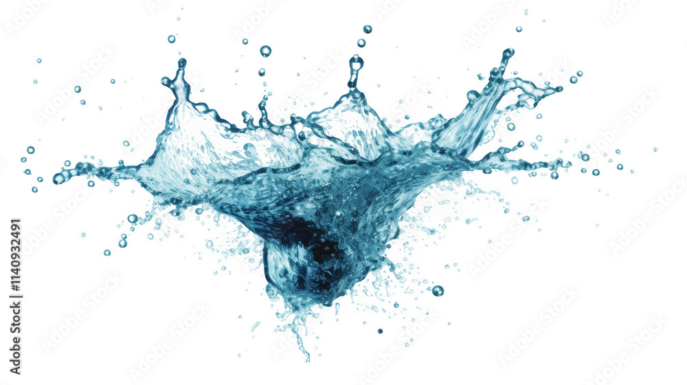 Poster graceful blue water splashing in crown shape, creating dynamic droplets against a transparent backgr