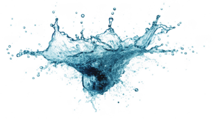 Graceful blue water splashing in crown shape, creating dynamic droplets against a transparent background, evoking freshness and purity