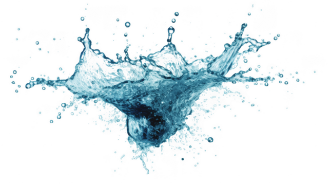 Graceful blue water splashing in crown shape, creating dynamic droplets against a transparent background, evoking freshness and purity