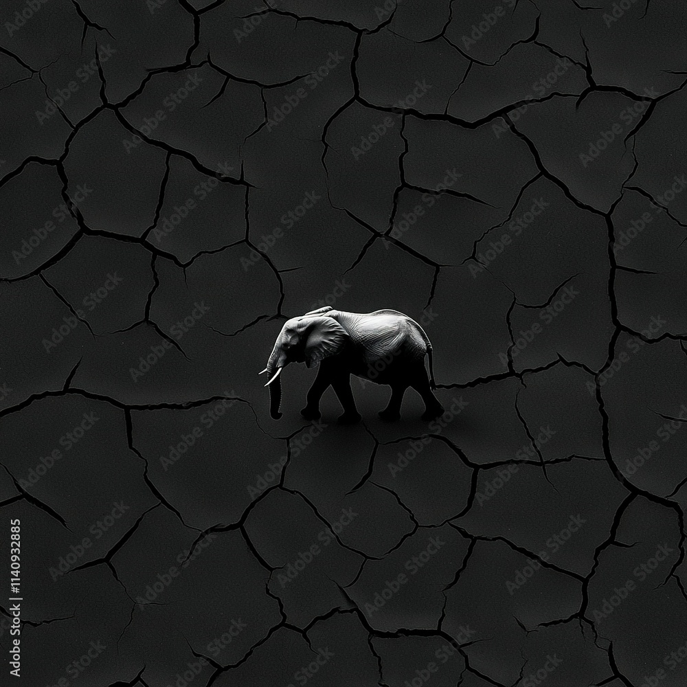 Poster an image of an elephant traversing a broken surface against a dark backdrop, with a distorted textur