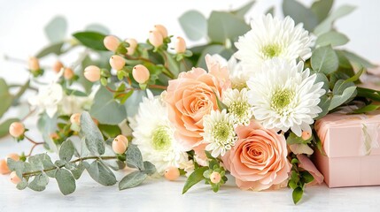   White peach flowers, gift box, greenery