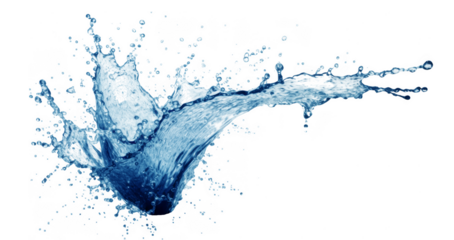 Graceful blue water splash in crown shape, creating dynamic droplets against a transparent background, evoking freshness and purity
