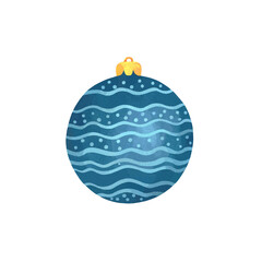 Blue Christmas ball with waves. Watercolor illustration, postcard.