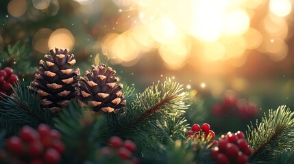 A close up of two pine cones on a branch of a tree