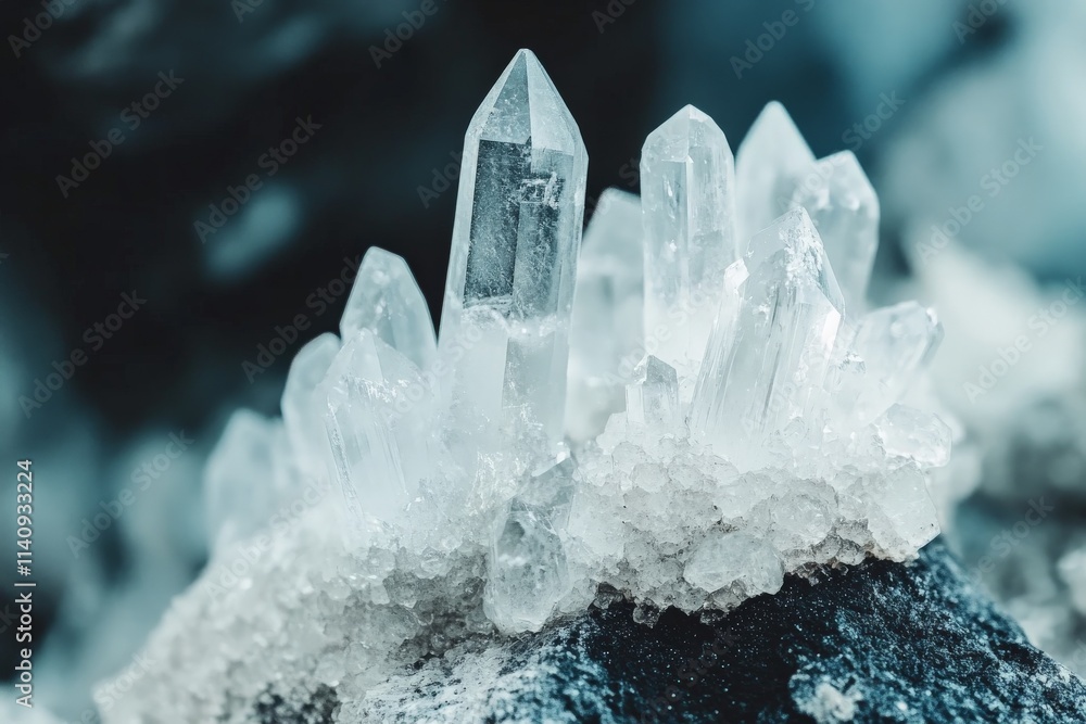 Aufkleber A captivating image of multiple quartz points arranged delicately on dark rocks, showcasing a strategic play of light and shadow that enhances its aesthetic appeal.