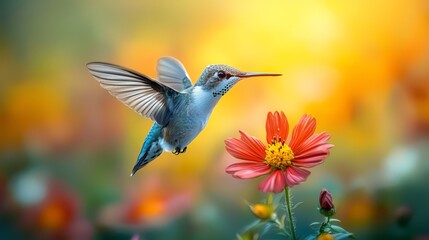 Naklejka premium A hummingbird flying over a flower in a field of flowers