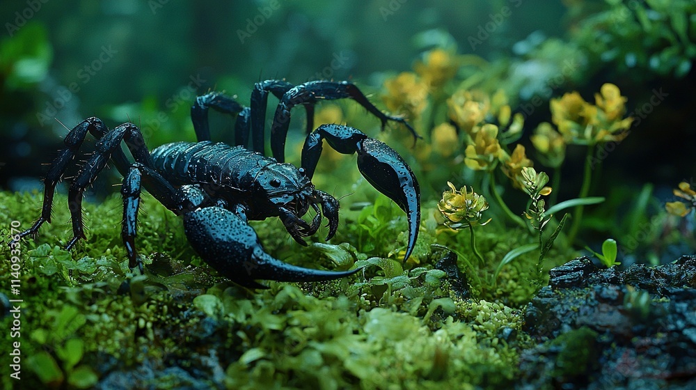 Poster a close-up of a crab resting on moss with yellow flowers in the background and water visible in the 