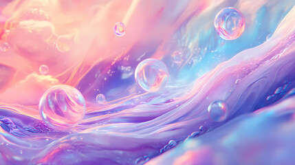 Abstract liquid waves with iridescent bubbles floating in a dreamy ethereal landscape. Dreamy. Illustration