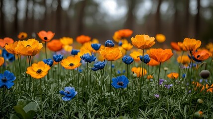 Fototapeta premium A field of orange and blue flowers in the woods