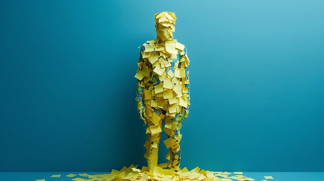Person covered with yellow sticky notes stands in blue room