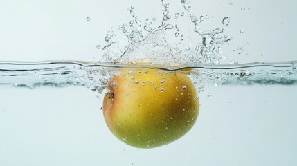 A yellow apple falling into the water with bubbles