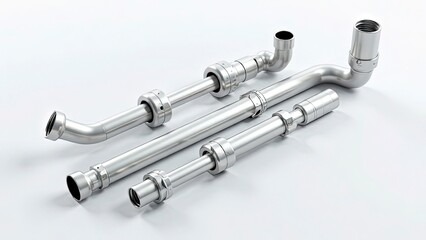 Sleek metal pipes and connectors, neatly displayed on a bright background, minimalistic and modern look