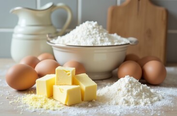 Baking ingredients including butter, eggs, flour, and milk arranged on a kitchen counter with natural light