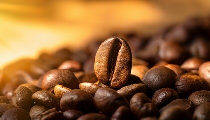 a single coffee bean rests atop a bed of roasted beans bathed in a warm golden light
