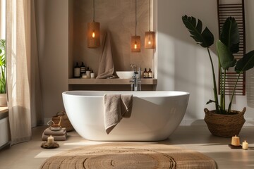 Fototapeta premium Luxurious Spa Ambiance with Mocha Mousse Towels and Freestanding Bathtub Design