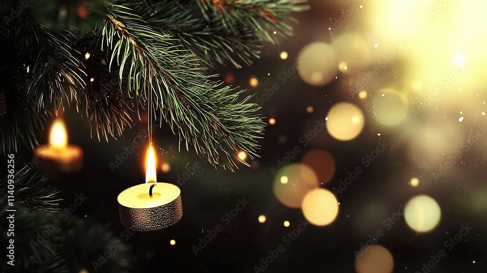 Poster a christmas tree's candle illuminates in close-up view bokeh lights in background