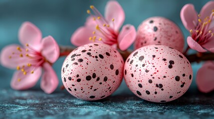 Obraz premium A bunch of pink eggs sitting on top of a blue table