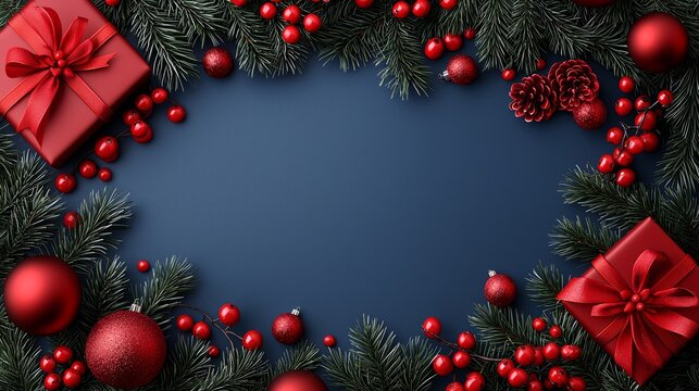 A christmas border with red ornaments and presents on a blue background