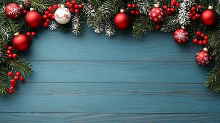 A blue wooden background with red and white ornaments
