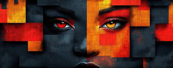 Abstract face with vibrant red and orange geometric patterns