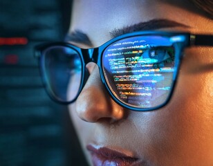 reflection of colorful programming code in glasses lens close up view of a developer s face in dim light showcasing intense focus on complex digital work