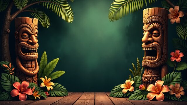 Vibrant tiki carvings surrounded by tropical flora create an enchanting atmosphere of celebration