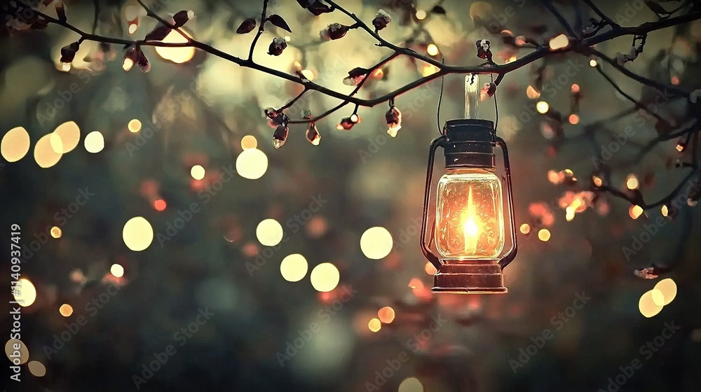 Poster a lantern dangles from a tree branch with a basket of lights in the foreground of a hazy floral arra